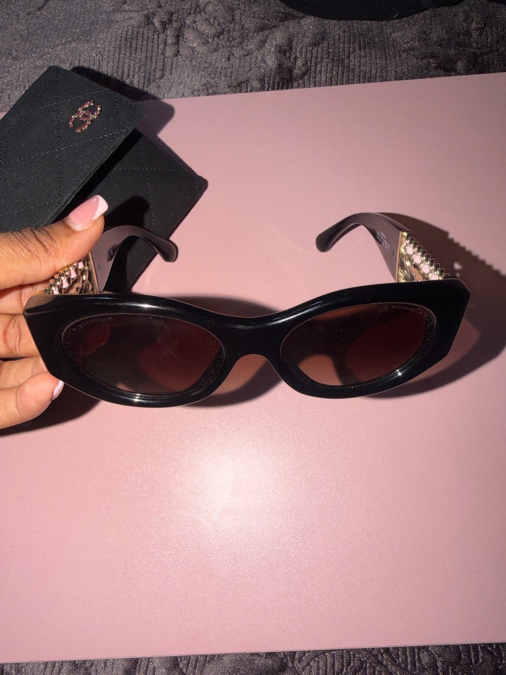 CHANEL Black Sunglasses with Gold Chain Temples